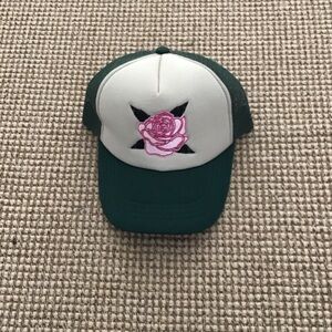 Altar'd State Green and Cream Kids' Hat with Pink Rose